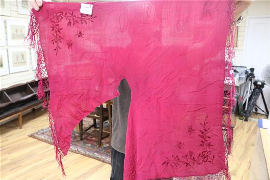 A Victorian woven silk shawl, four others and a Norwich shawl